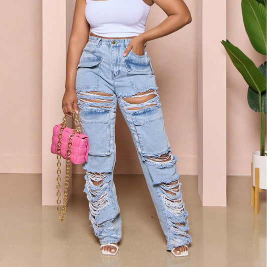 Multi Bag Ripped Jeans Women Tooling Ripped Washed Trousers Multi Bag Jeans