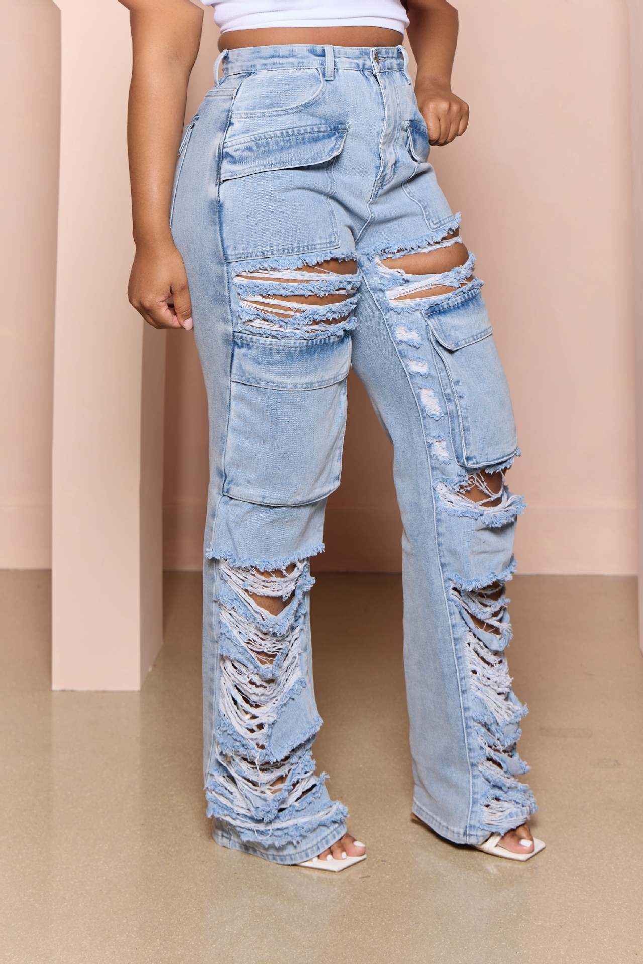 Multi Bag Ripped Jeans Women Tooling Ripped Washed Trousers Multi Bag Jeans